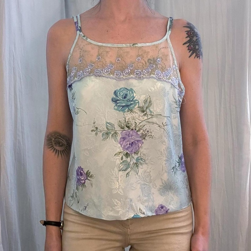 Blue and Purple Satin,‎ Lace and Floral Embroidery Camisole Vintage 90s Whimsy